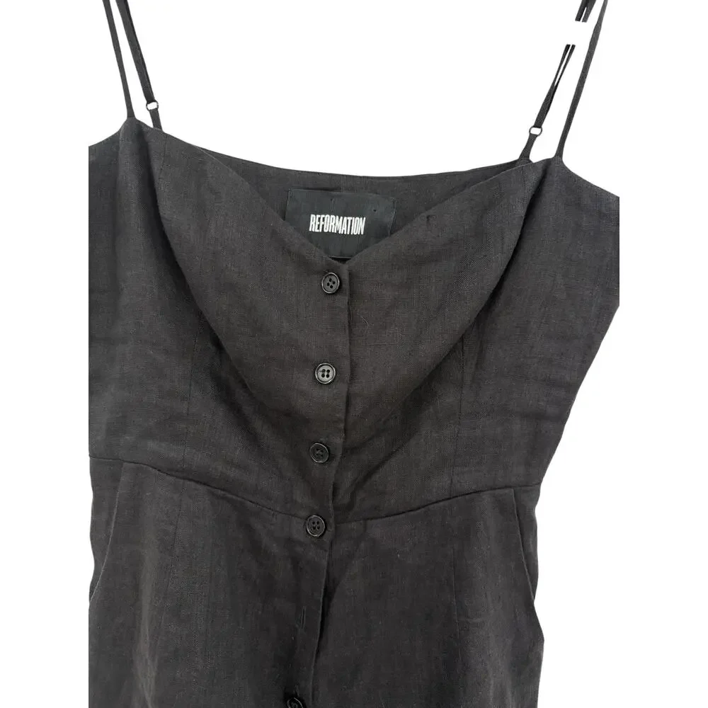 Reformation Blanca Linen Romper Black Button‎ Front Sleeveless Size 00